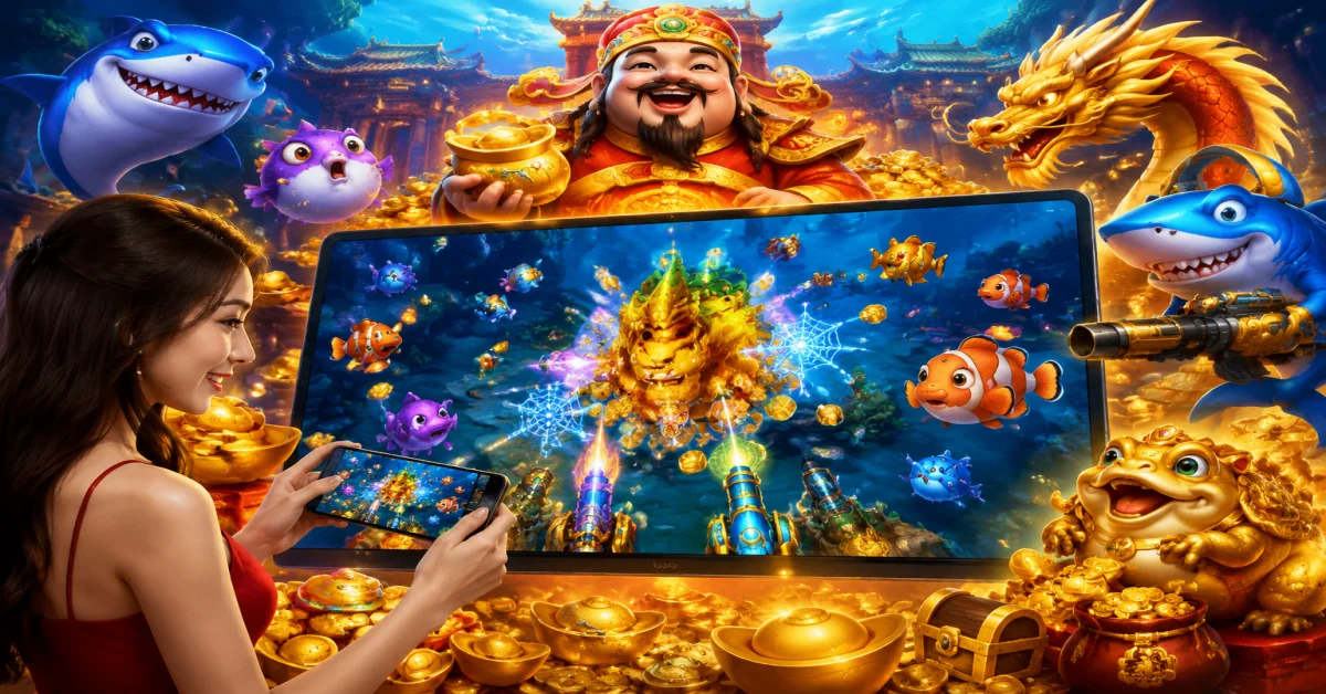 Giao diện sảnh game bắn cá thần tài sống động với hàng loạt sinh vật biển và hũ vàng giá trị cao tại 97WIN